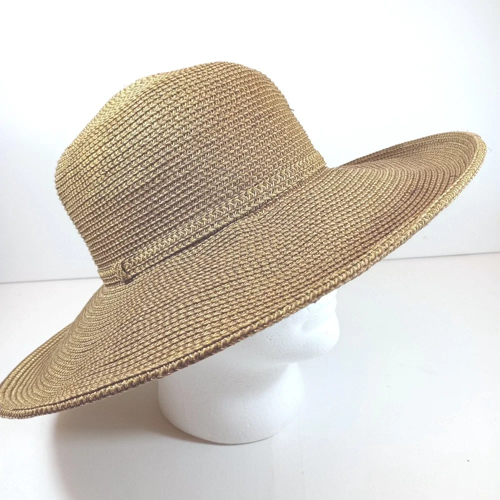 Nine West Wide Brim Sun Hat Bronze Gold Metallic Woven Straw Floppy Summer